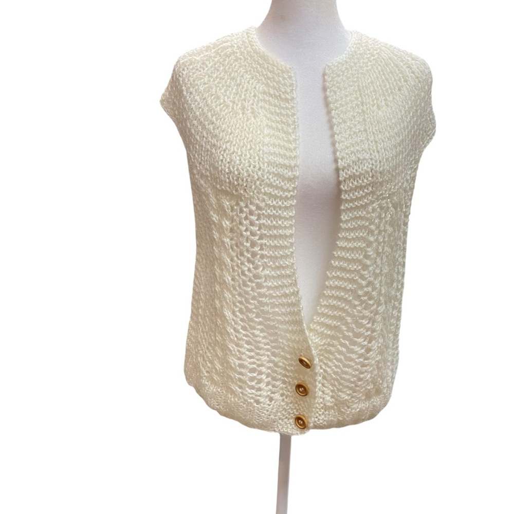 VINTAGE DONAGAIN Women's size M Elegant White/Cream Knit Open Sweater Vest